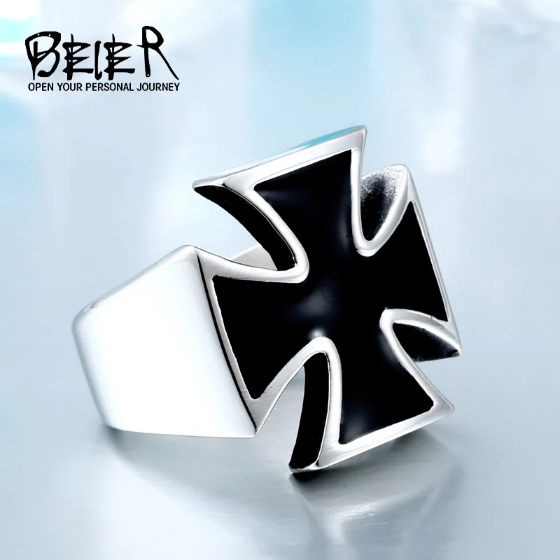 BEIER Old style Unisex Black Sureface For Woman And Man Stainless Steel Gothic Punk Cross Finger Ring Gift Jewelry BR8-505