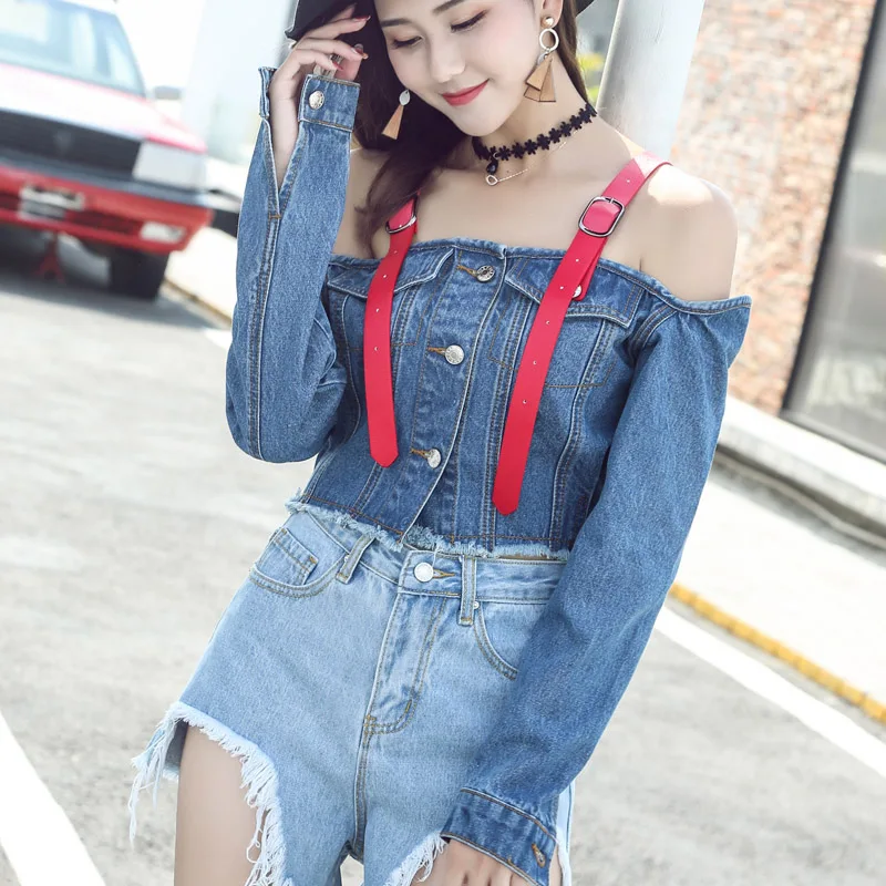 off the shoulder black denim jacket