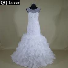 QQ Lover Gorgeous Beaded Mermaid Wedding Dresses 2017 vestido de noiva sereia Sheer Back and Neck Ruffles Bridal Dress Gown