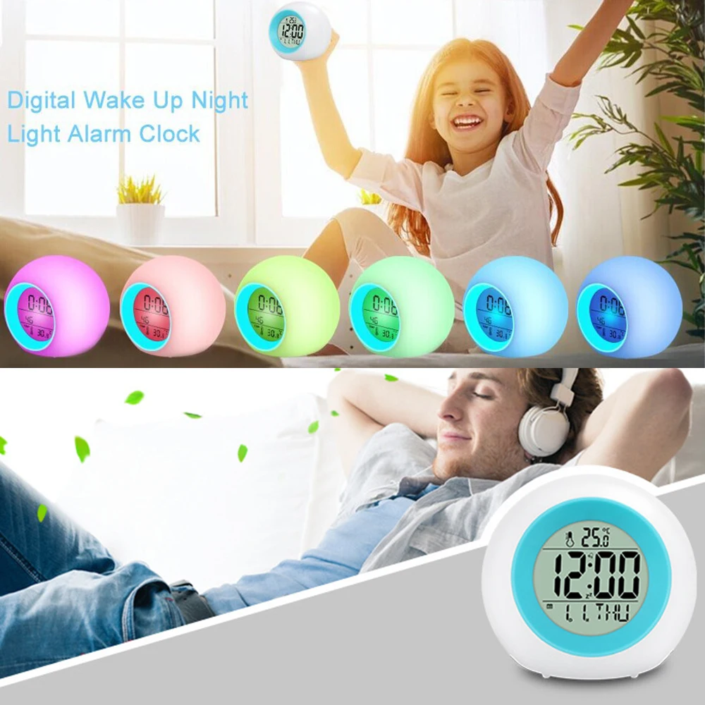 Ночной светильник с функцией пробуждения, изменяющийся Световой Цифровой Будильник для детей, настольные часы с термометром, милые круглые светящиеся часы с ЖК-дисплеем