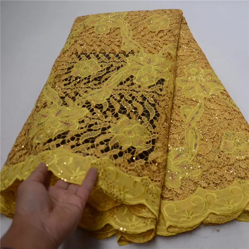 

Yellow African New Style Guipure Velvet Lace Fabric 5yards With Sequins And Stones Nigerian Lace Fabrics Material 30