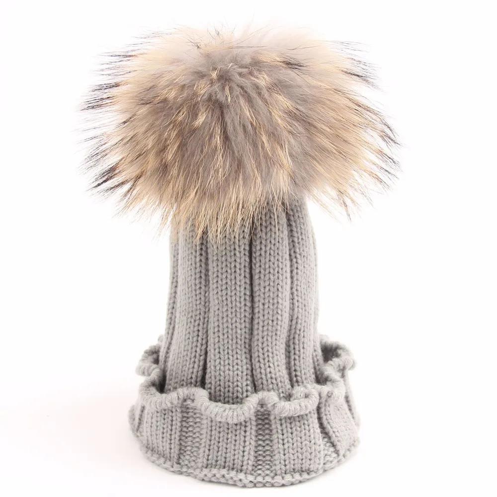 Детские Шапки шляпы большой 15 см теплые зимние енот лиса Мех животных шапка для Обувь для девочек Обувь для мальчиков Натуральный мех