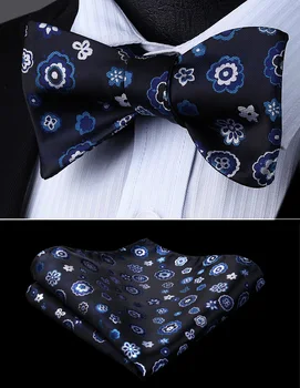 

Bow Tie handkerchief set Men Woven Party Wedding Black Blue Floral Self Bow Tie Pocket Square Set#BF707BS