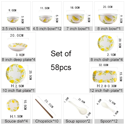 Новое поступление, креативные фарфоровые тарелки с лимонным рисунком, 18 шт., 28 шт., 58 шт., столовые миски, палочки для еды, тарелки, ложка, набор посуды - Цвет: 58pcs
