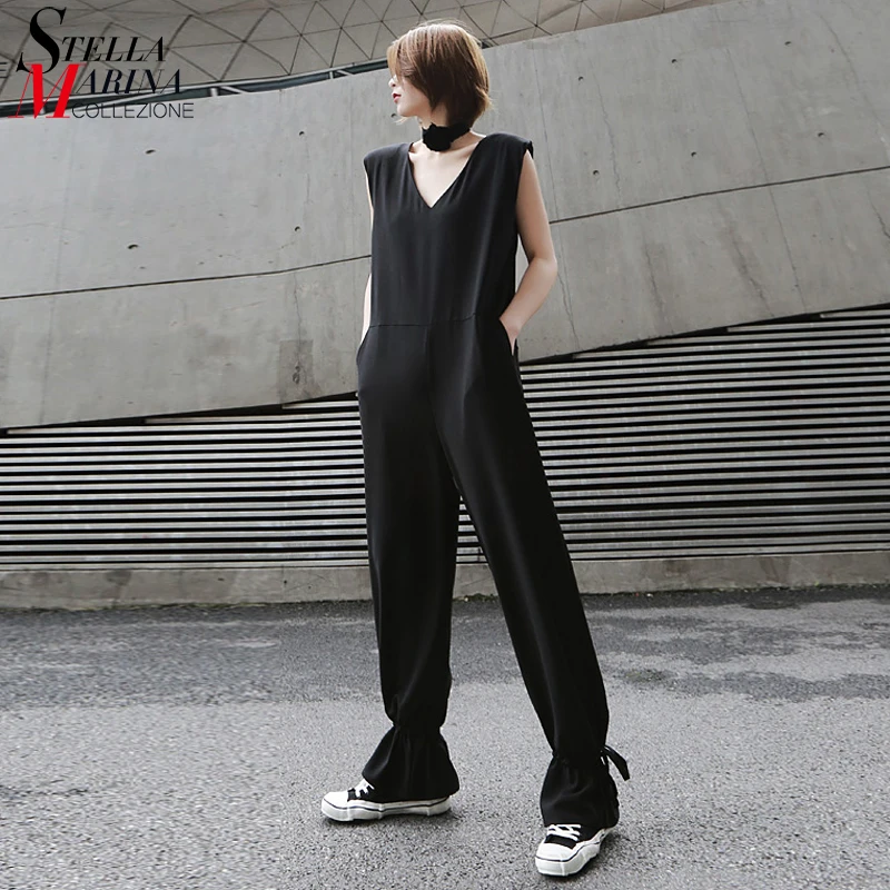 New 2019 Korean Style Women Solid Black Romper Jumpsuit Full Length V Neck Sleeveless Female Casual Overalls Pants 9000 | Женская одежда