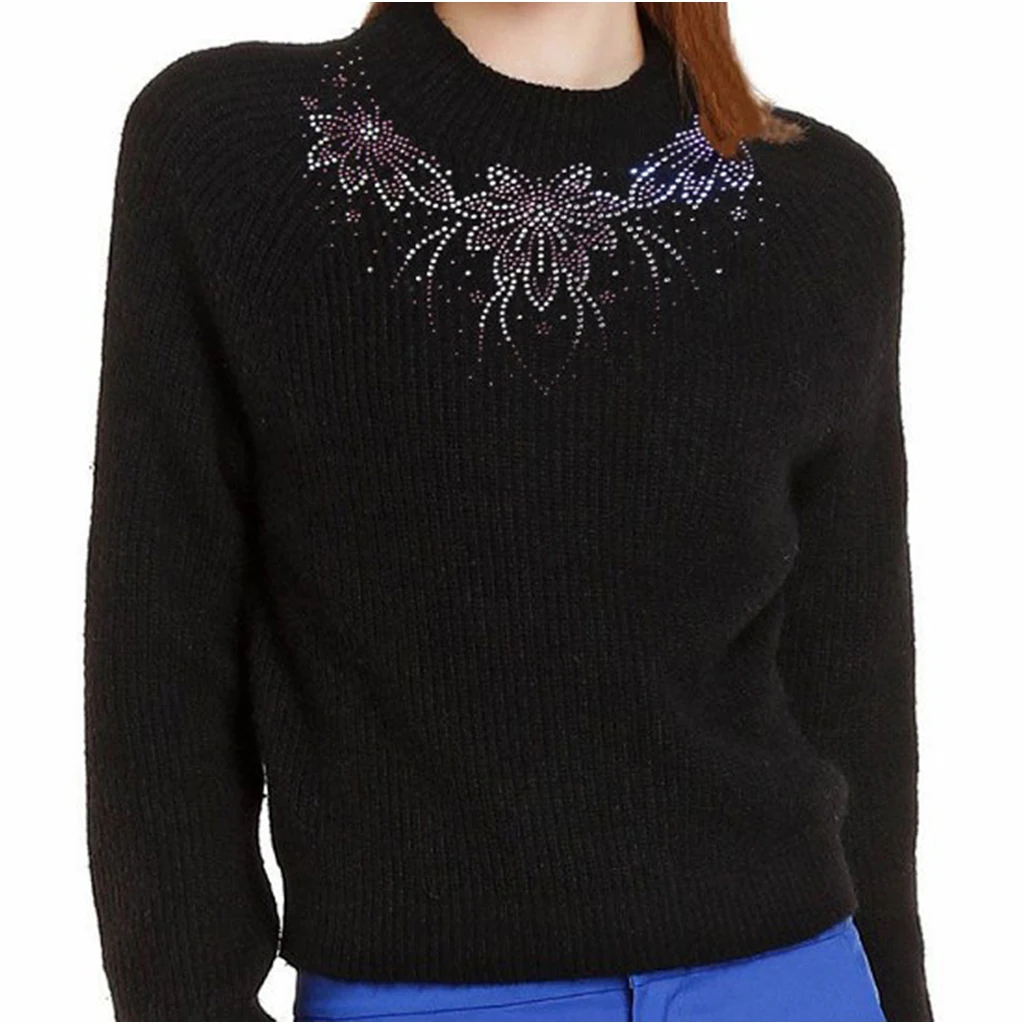 Floral Neckline Collar Trim Rhinestones Iron on Hot Fix Motif Heat Press Applique Patch