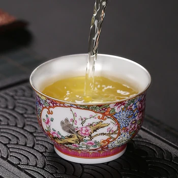 

55ml-120ml High Grade Silver Teacup Handmade Ceramic Porcelain Enamel Small Tea Bowl Cups Master Cup Container Teaware Drinkware