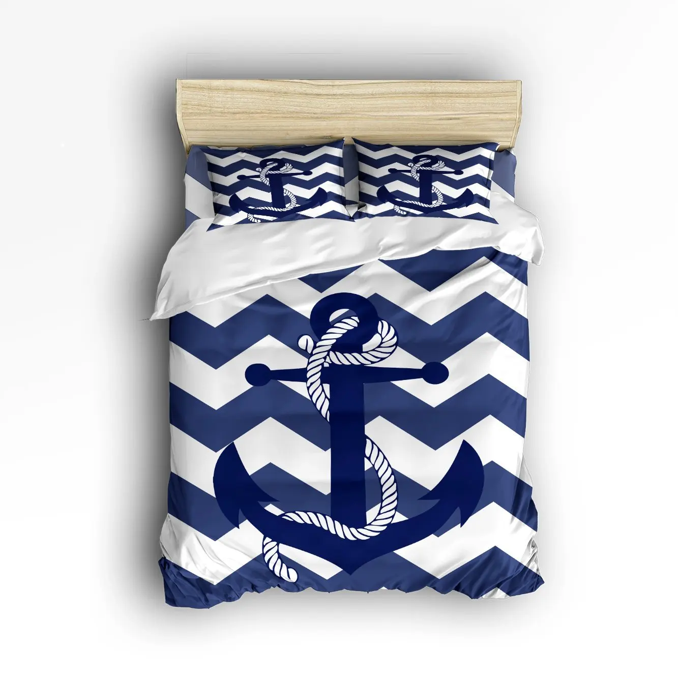 4 Piece Bed Sheets Set, Navy Chevron Anchor Print With Navy Blue White