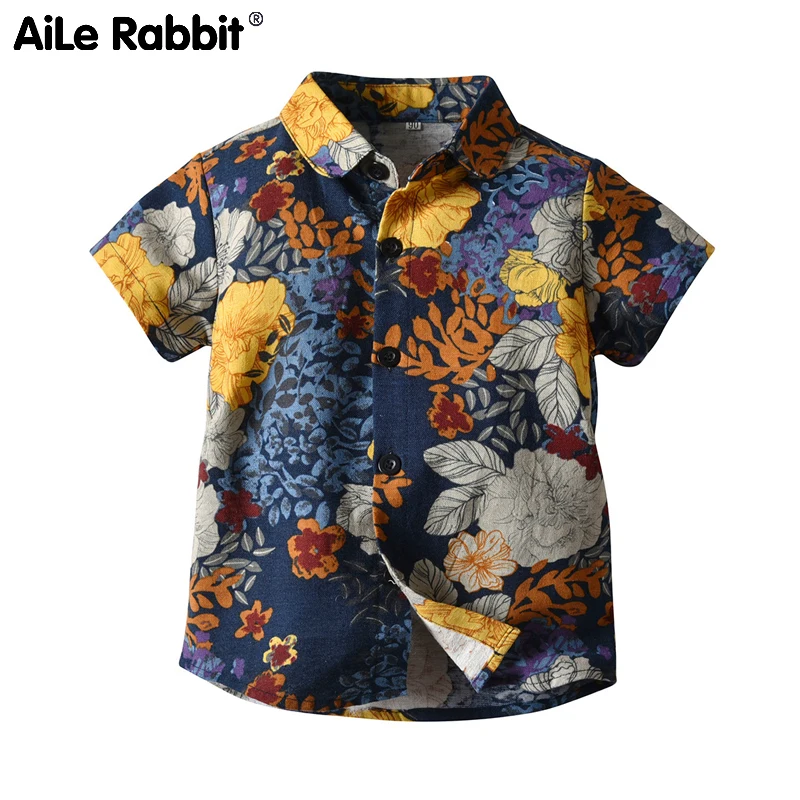 

Summer new boy short sleeve shirt national wind flower children's wear casual shirt shirt beach holiday children shirt