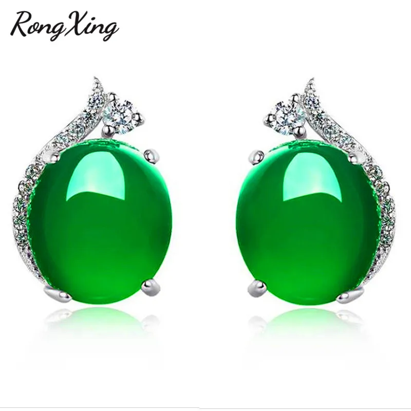 RongXing, новинка, круглые серьги-гвоздики с зеленым камнем, 925 серебро, для женщин, белый кристалл, циркон, Двойные серьги, лучшие подарки для матери