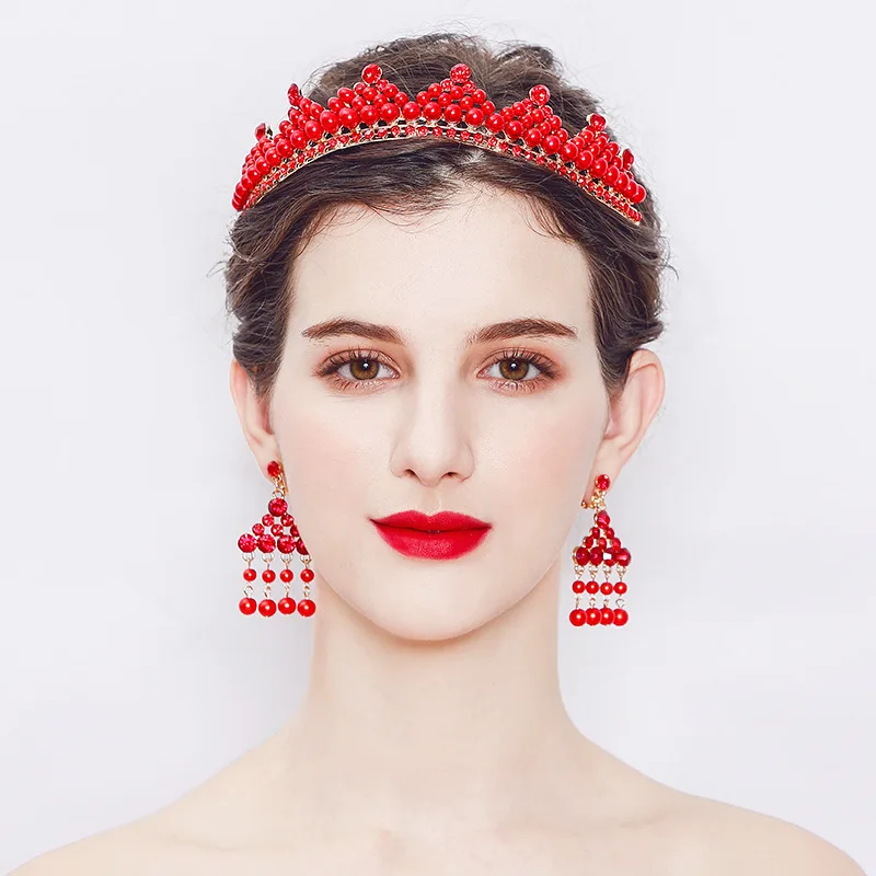

LISM New Vintage Bridal Crown Gold Plating Red Pearl Crown Wedding Dress Tiara Earring Set Accessories