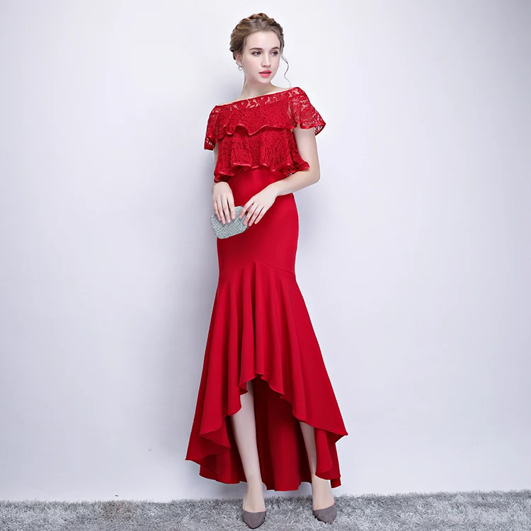 JaneVini пикантные красные Русалка платья невесты длинное кружевное платье для выпускного вечера 2018 Высокая Низкая короткий рукав Лодка шеи