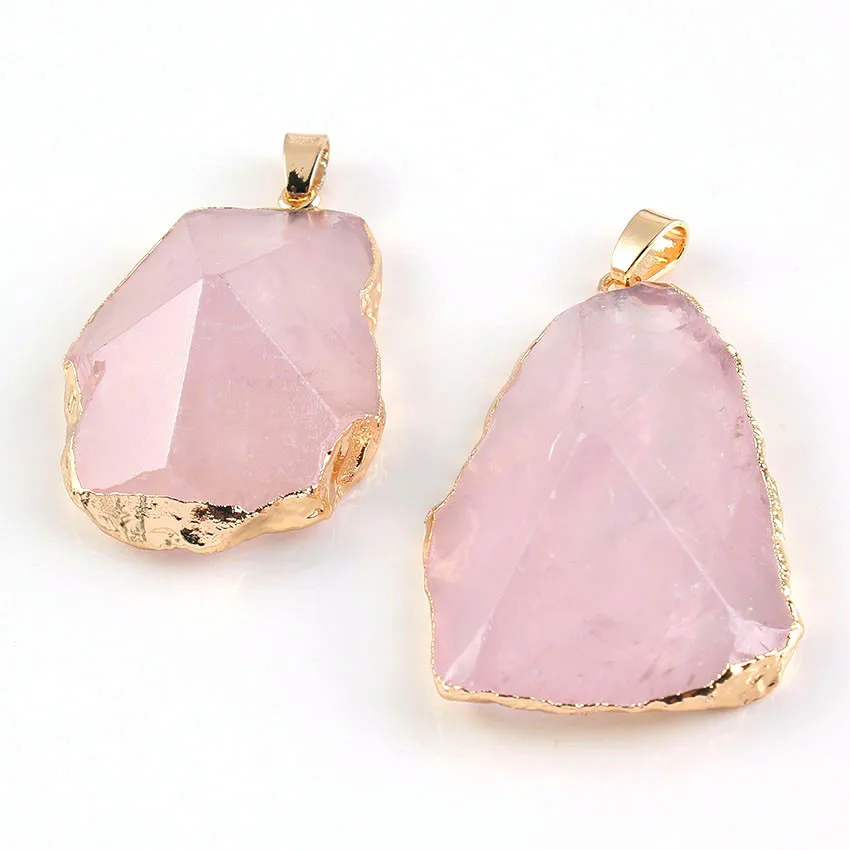 

100-Unique 1 Pcs Light Yellow Gold Color Irregular Shape Section Natural Rose Pink Quartz Pendant Charm Jewelry