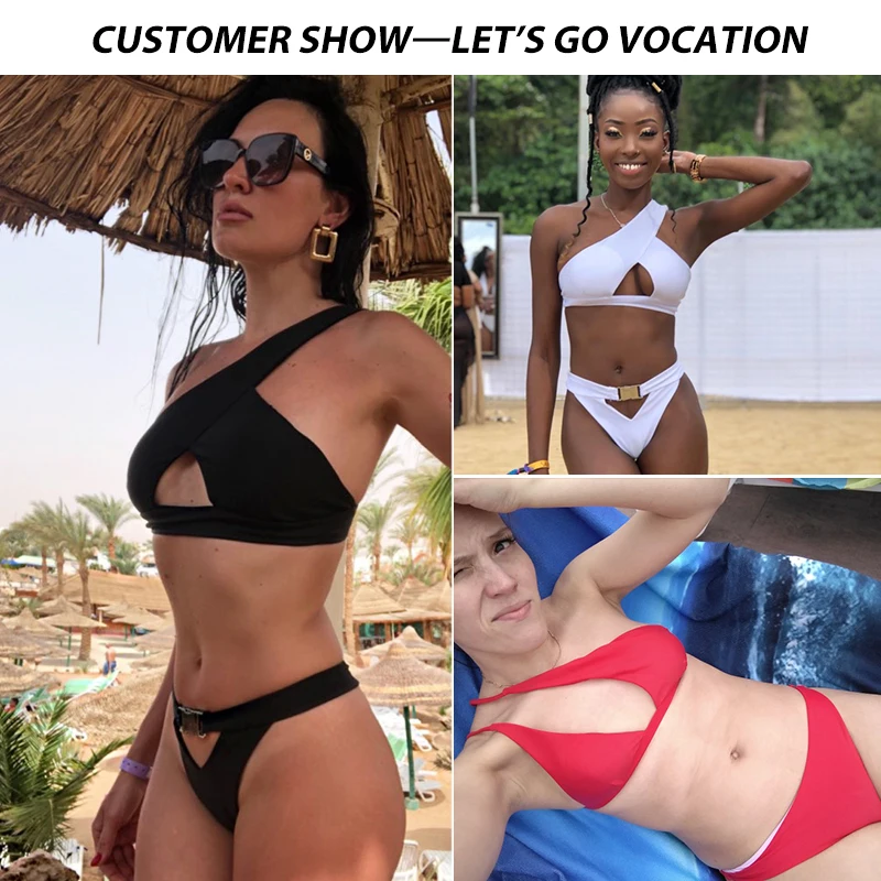 Günstig In X schulter bikini 2020 Schnalle high cut badeanzug Sexy tanga bikini aushöhlen badeanzug Weiß push  up bademode frauen