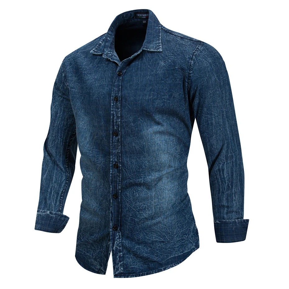 Синяя джинсовая рубашка мужская в стиле ретро Повседневная приталенная рубашка с длинными рукавами осеннее хлопковое джинсовое платье рубашка мужская одежда размер WY109