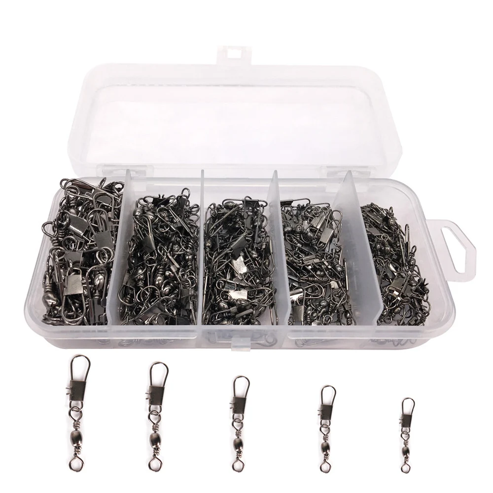 

200pcs/box Stainless Steel Fishing Swivel Snap Rolling Swivel Connector Tackle Accessory 6# 8# 10# 12# 14#