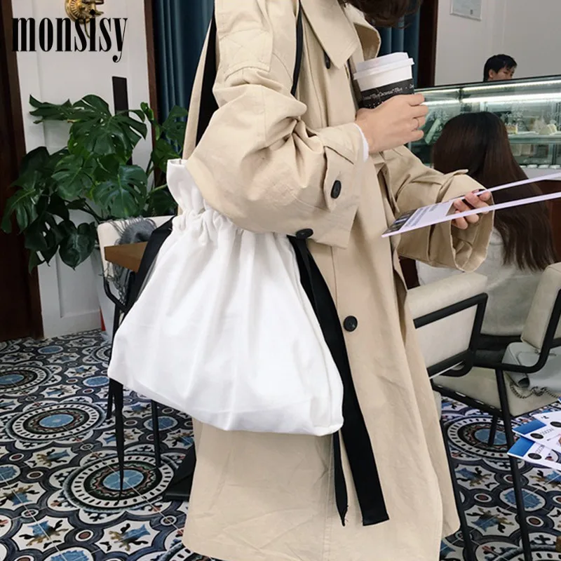 Monsisy женская сумка шоппер на шнурке Холщовая Сумка через плечо Модная хлопковая