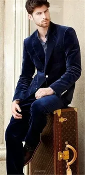 

Notch Lapel Navy Blue Velvet Men Suit Slim Fit Tuxedos 2019 Fashion Suits Blazer With Pants Dinner Prom Suits (Jacket+Pants+Bow)