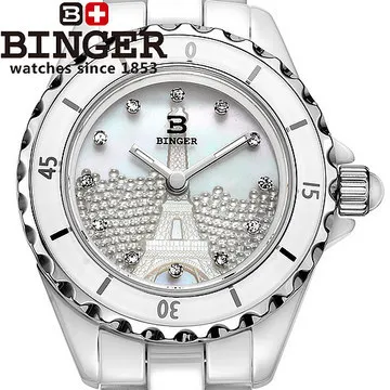 2016 Binger New arrival cz Diamond wristwatch Women Dress Luxury Brand white ceramic shell watch Carving