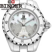 2016 Binger New arrival cz Diamond wristwatch Women Dress Luxury Brand white ceramic shell watch Carving