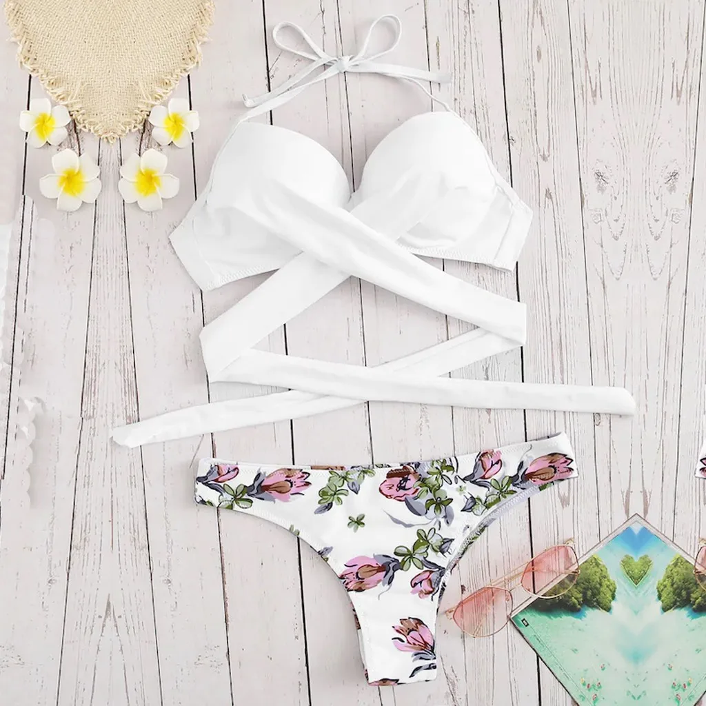 

SAGACE Two-piece suits print swimwear cross straps swimsuit tube top swimwear women beach bather two piece suits for women