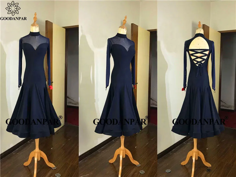

GOODANPAR Women Ballroom Practice Dance Dresses Long Sleeves Backless Lace Dance Wear For Girls Waltz Flamenco Tango Costume