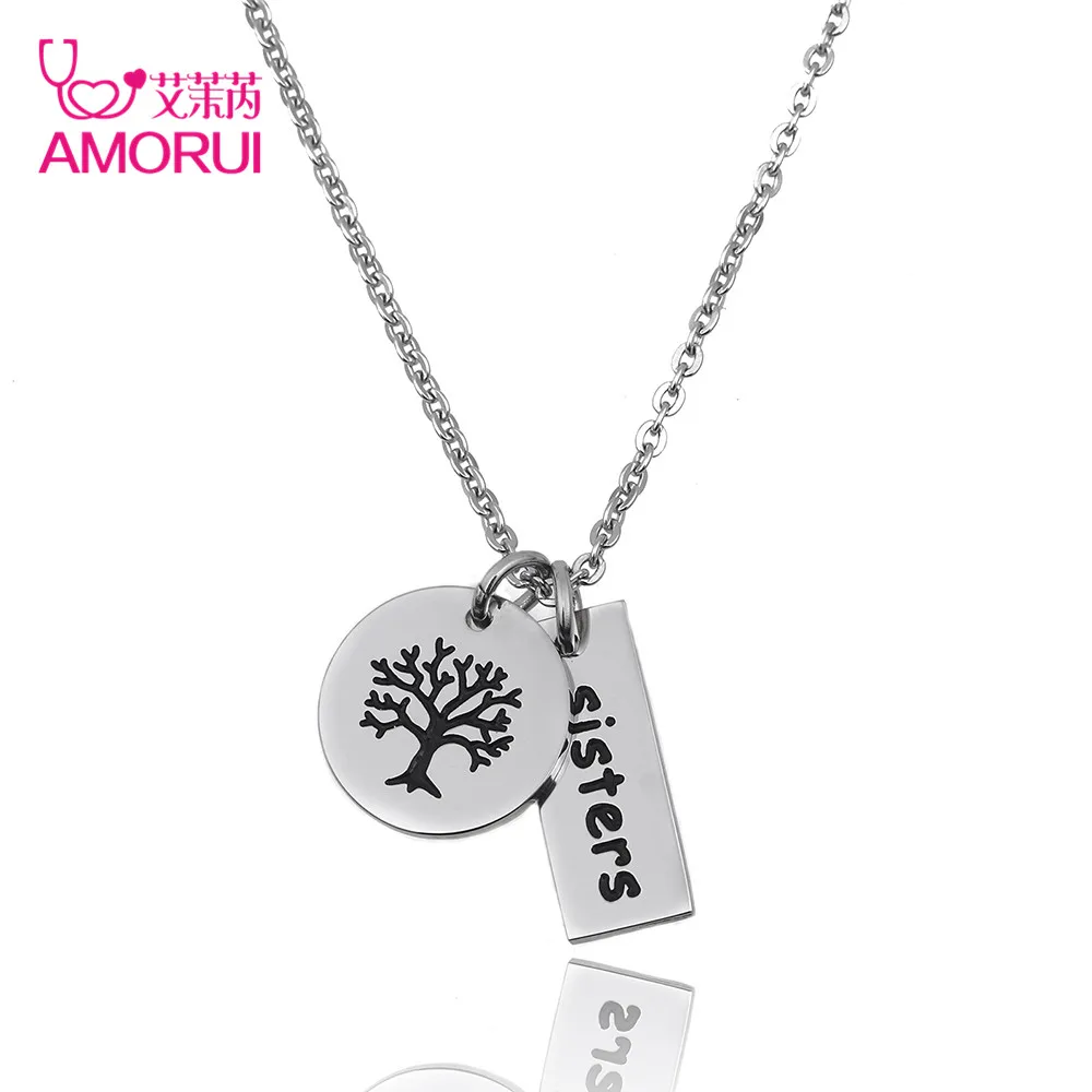 AMORUI Sisters Tree Enamel Family Necklace Women Fashion Rose Gold/Gold/Silver Color Stainless Steel No Fade Necklaces Pendants