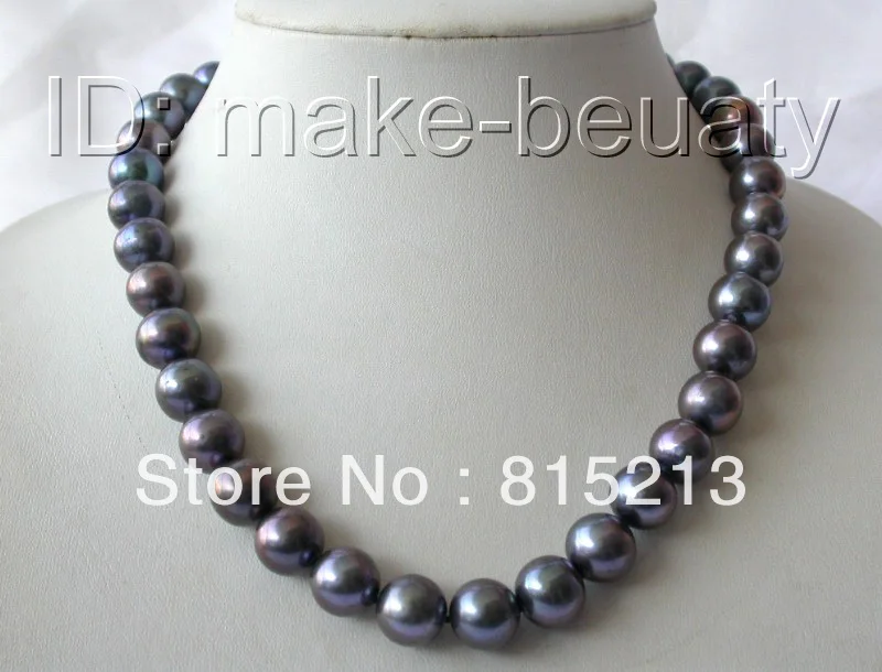 

FREE SHIPPING>>>@@ > N529 stunning big 12mm perfect round black freshwater pearl necklace silver