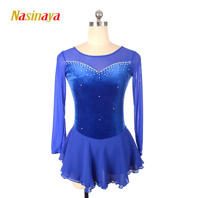 

customized clothes figure skating dress rhythmic gymnastics adult child girl show skirt competition blue rhinestone long sleeeve