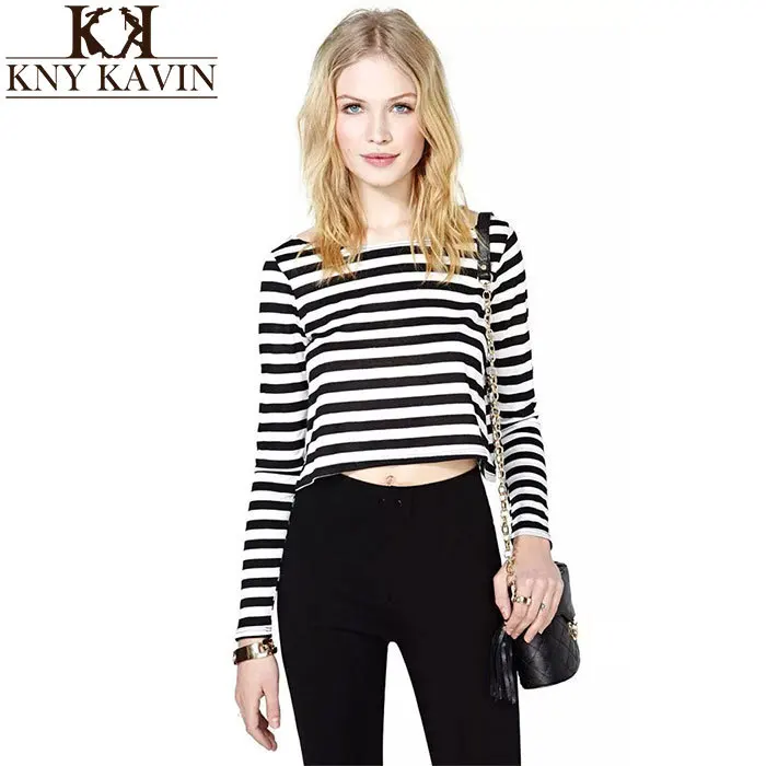 2015 New Spring Women Sexy Crop Top Pullover Black And White Striped Cotton Long Sleeve O neck T