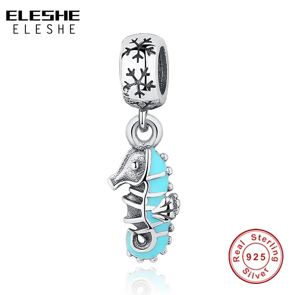 

ELESHE Authentic 925 Sterling Silver Hippocampus Charm Blue Enamel Seahorse Bead Fit Original Bracelet & Bangle DIY Jewelry Gift