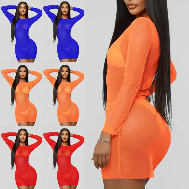 

Women Sexy Summer Lace Fishnet Bikini Cover Up Swimwear Bathing Suit Beach Clothes Chiffon See-Through Swimsuit 2019