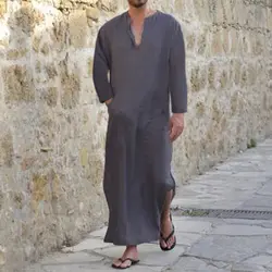 Мужская Полная длина кафтан 100% Хлопок Lounge Home Robed Loungewear Sleepwear Исламская Арабская свободная Пижама с v-образным вырезом с длинным рукавом 3XL