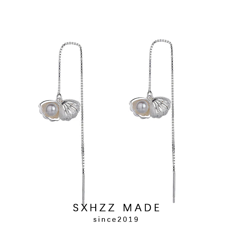 

SXHZZ Shell Shape Cute Lovely Wedding Engagement Earrings for Women Elegant Long Tassel Freshwater Pearl Ear Line Wire Earrings