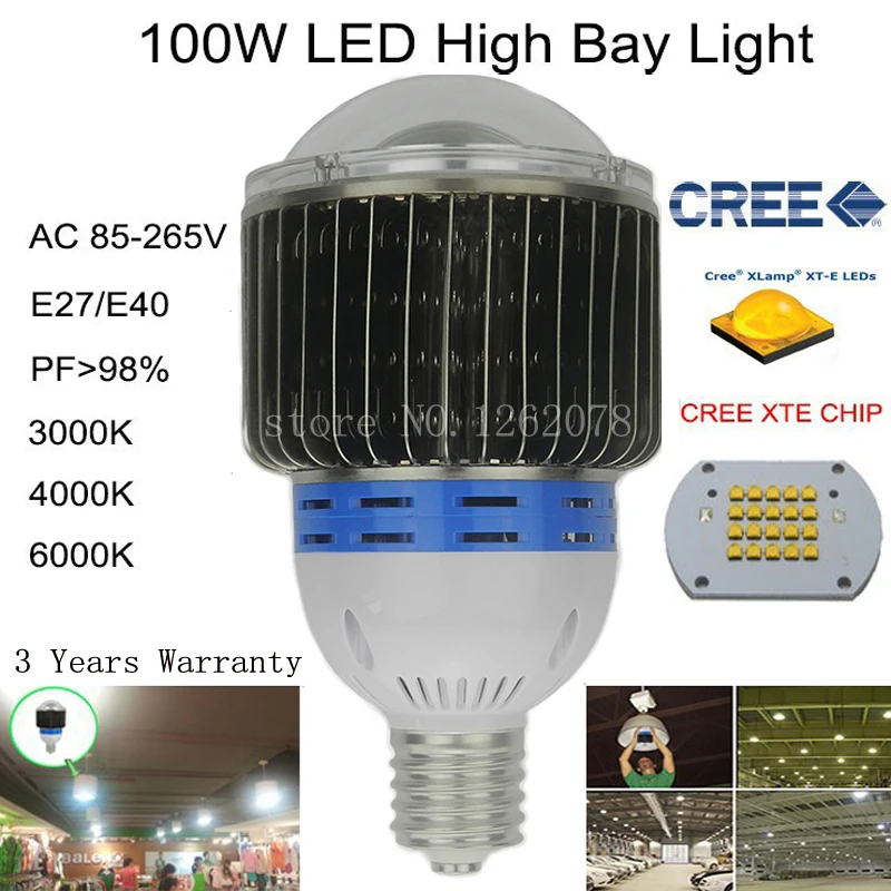 

10pcs E27/E40 100W CREE LED High Bay light led Lamp AC 85-265V 3 years warranty LED Industrial Lighting lamp Free shipping