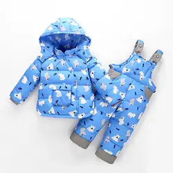 Комплект из двух вещей, одежда для девочек Теплые печати вниз пальто + комбинезон зима 2017 комплекты для детей Детская одежда для мальчиков