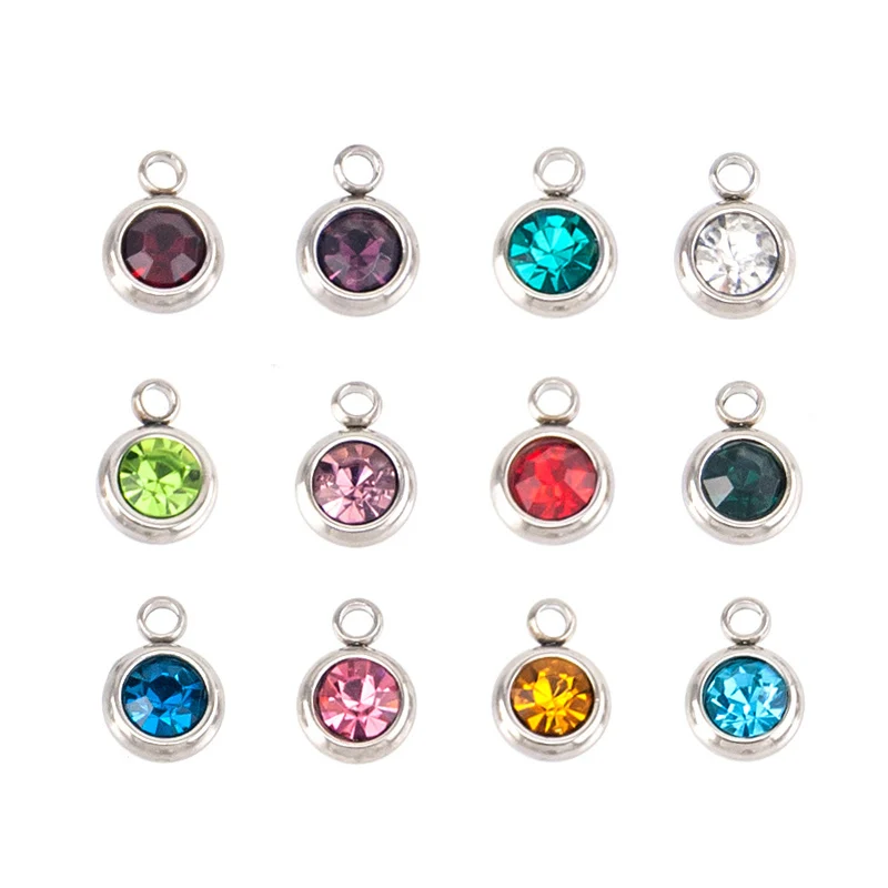 

Stainless Steel Charm Pendant 6mm Round Beads Mini Birthstone Crystal Charm DIY Jewelry Making Accessories (12*5)60pcs