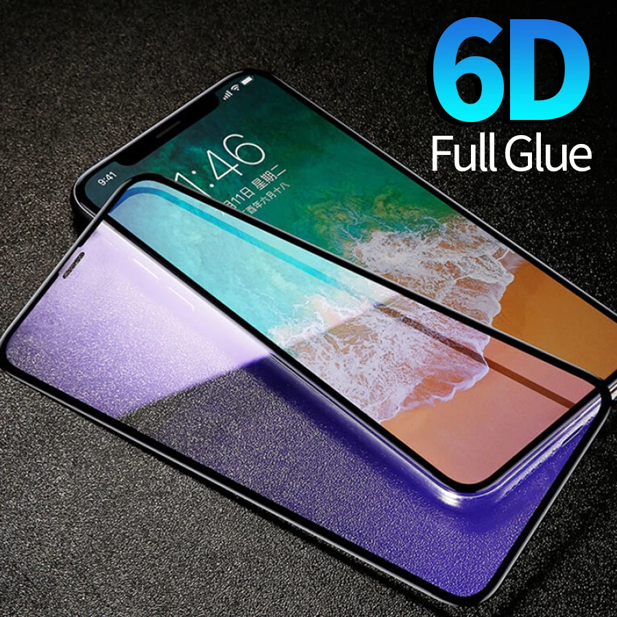 6D полное покрытие закаленное стекло для iPhone X XS Max XR 6 S 7 8 Plus Anti UV синий свет полный