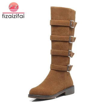 

Coolcept Women Flats Knee High Boots Buckle Round Toe Warm Fur Shoes Women Winter Motorcycle Boots Fashion Footwear Size 32-43