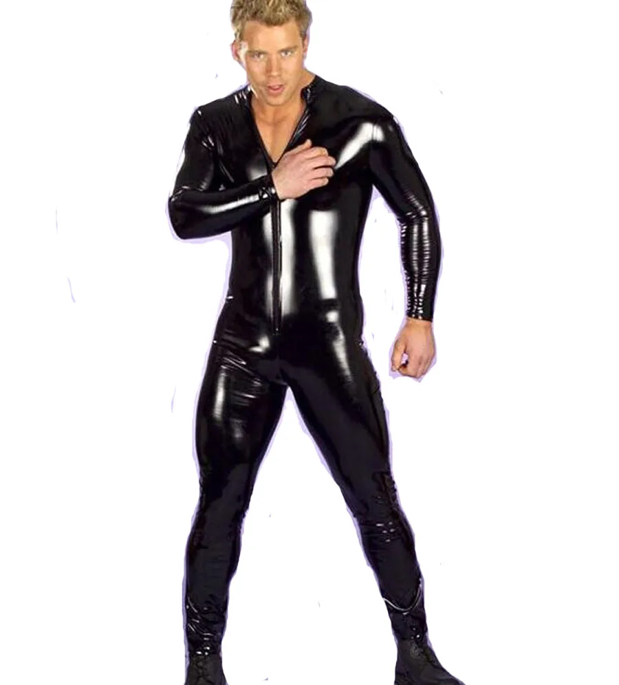 Mens Black Latex Leather Front Zipper 