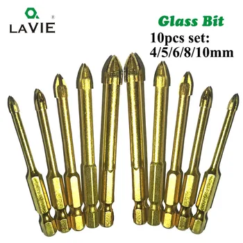 

LA VIE 10pcs 1/4" Hex Shank Glass Bits Titanium Coated Glass Drill Set 4 5 6 8 10mm Ceramic Marble Cross Tipped Hole DB02002