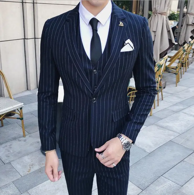 Slim Fit с вертикальными полосами костюм блейзером жилета и брюк для Tuexdos юбочные