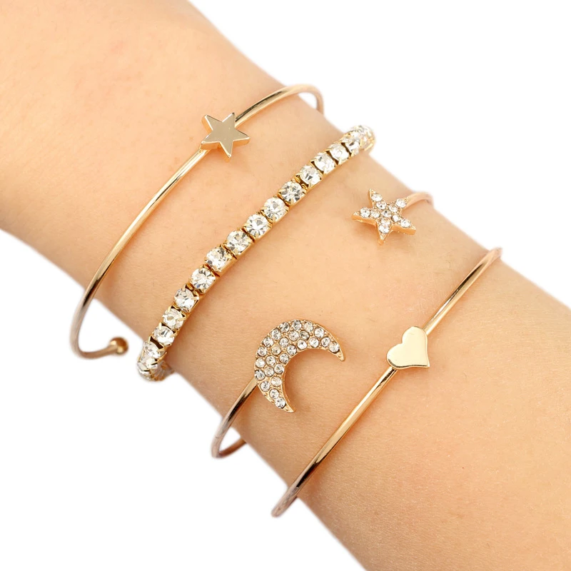 

Crystal Star Heart Punk Wedding Simple Silver Adjustable Alloy Bracelet Women Open Elasticity 4PCS/Set Golden Moon Retro Girls