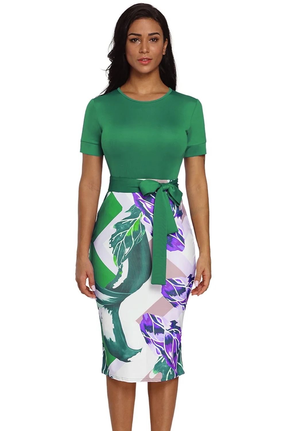 Green-Bowknot-Short-Sleeve-Printed-Sheath-Dress-LC610096-9-2