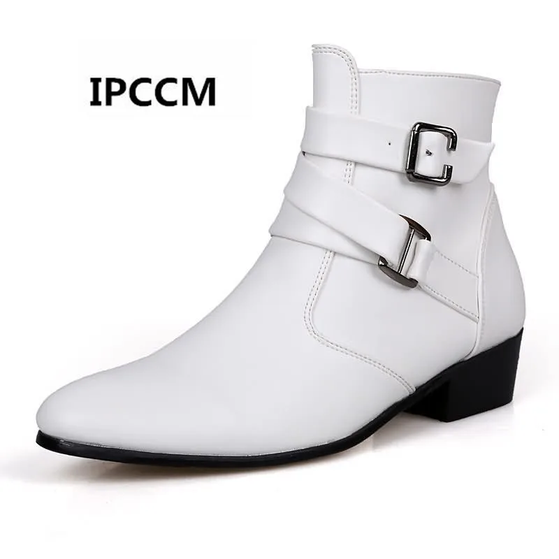 

IPCCM Spring Autumn Korean Version Solid Color Buckle Pointed Flat Heel High Help Boots Mens Breathable Zipper Boots 39-46