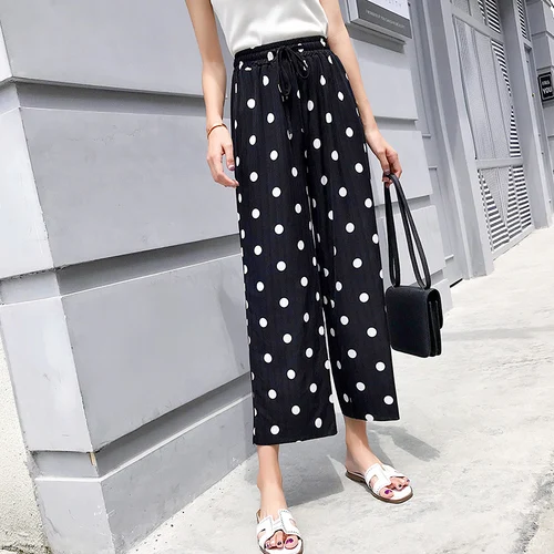 

Summer Pants Women New Arrival 2019 Korean Fashion Vintage Polka Dot Elastic Waist Wide Leg Black Trousers pantalon femme B190