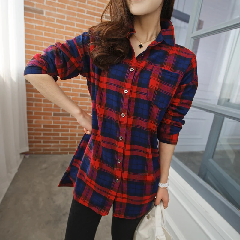 Red Plaid Shirt Women Ladies Shirt 