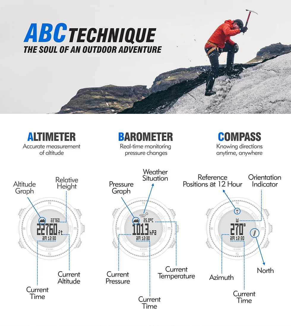 Новинка, многофункциональные походные часы EZON, мужские спортивные цифровые часы, высотомер, барометр, компас, термометр, альпинистские наручные часы