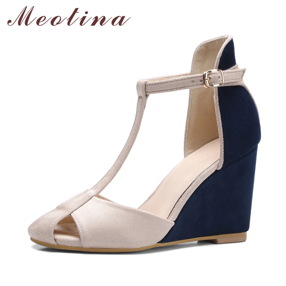 Meotina Shoes Women Pumps High Heels Wedges Heels T-Strap Shoes Spring Ladies High Heel Shoes Cutout Party Pumps Summer Blue Red