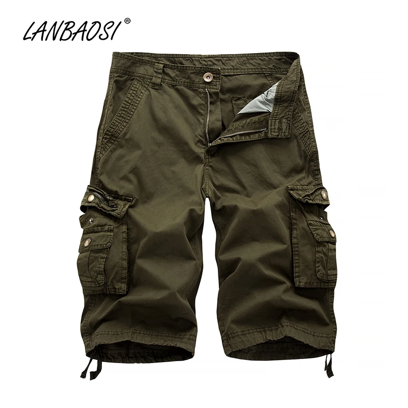 

LANBAOSI Men Casual Shorts Bermuda Board Beach Short Work Cotton Military Army Multi Pockets Loose Knee Breeches Baggys Shorts